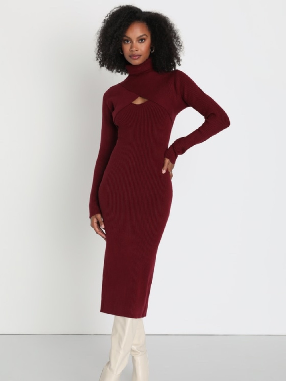 Lulus Spectacular Season Burgundy Two-piece Sweater Dress & Shrug Set Red